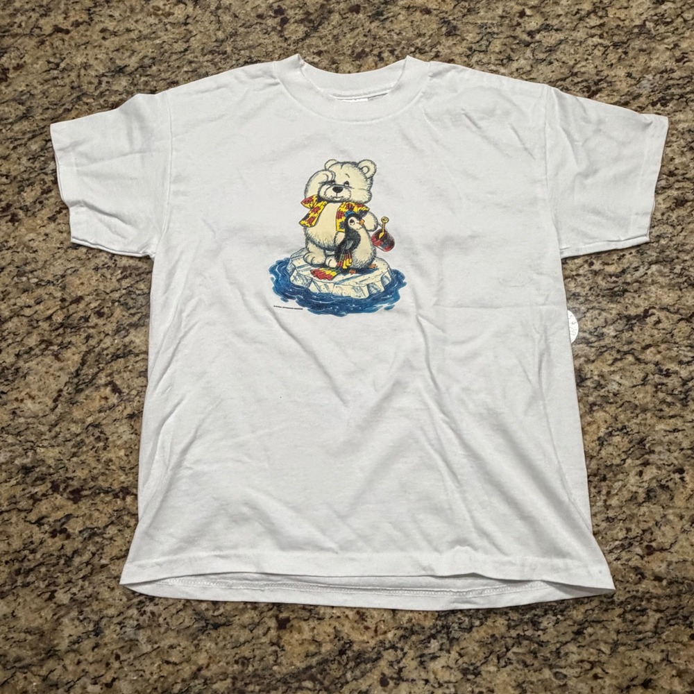Vintage Hanes White Polar Bear Penguin Iceberg Youth T-Shirt Large 14-16 v